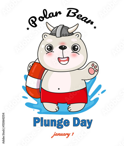 Polar bear plunge day banner, greeting card with cute cartoon white kawaii bear in red shorts
