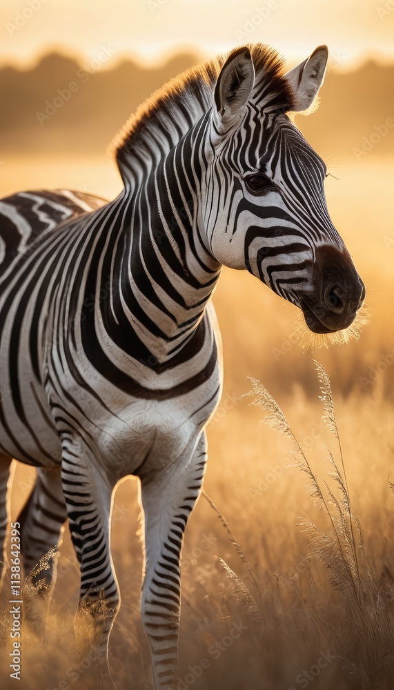 Naklejka premium A stunning zebra gazing into the distance in a serene African savanna, surrounded by glowing morning light and tall golden grass, creating a tranquil and picturesque scene