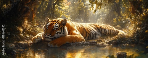 Majestic Tiger Lounging in Serene Forest Light, Generative AI