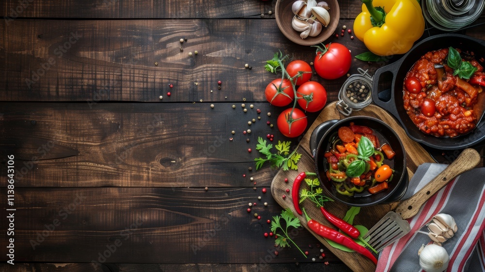 Fresh vegetables and spices on a rustic wooden table