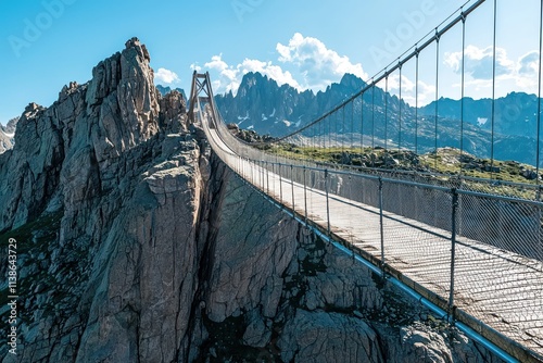 Long suspension bridge swaying slightly in the wind, connecting two mountain peaks photo