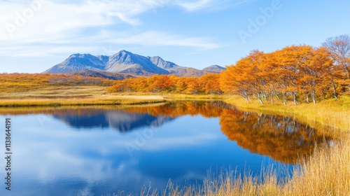 Peaceful mountain landscape with golden autumn trees reflecting in a blue lake under a clear sky