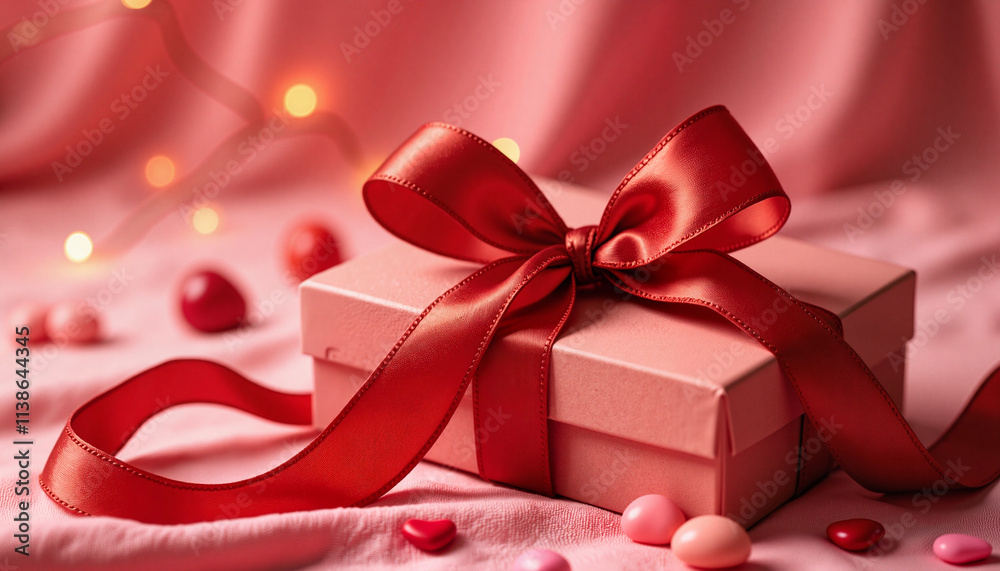 Fototapeta premium Romantic Pink Gift Box with Red Ribbon and Heart Decorations for Valentine's Day