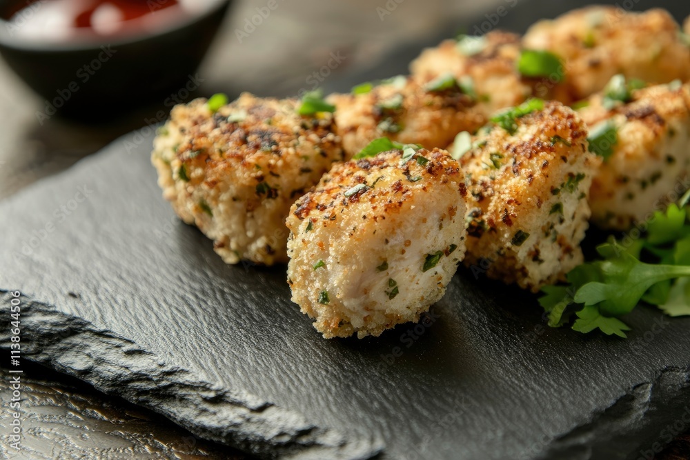 Chicken Popcorn are small slices of chicken that were coated breading and deep fried closeup in the slate dish on the table. Horizontal Chicken Popcorn are small slices of chicken that were coated breading and deep fried closeup in the slate dish on the table. Horizontal