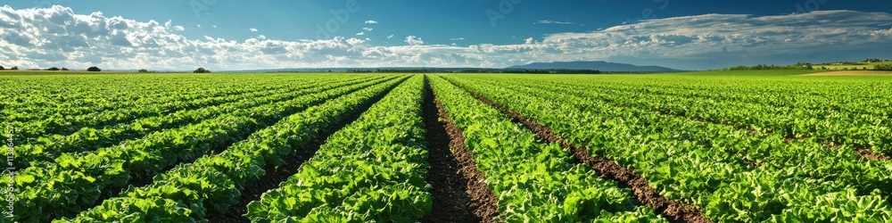 Lush green lettuce fields stretch endlessly under a bright blue sky, highlighting agricultural beauty, Lush green lettuce fields stretch endlessly under a bright blue sky, highlighting agricultural beauty,