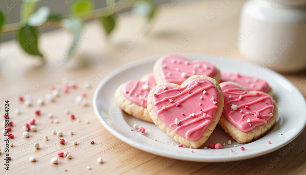 Heart-Shaped Valentine's Day Cookies with Pink Icing and Sprinkles on a Plate Heart-Shaped Valentine's Day Cookies with Pink Icing and Sprinkles on a Plate