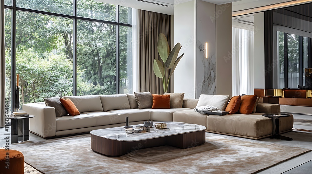 Fototapeta premium Beautiful Modern Living room Interior with furniture's ,mockup frame , posters, wall -3d Rendering