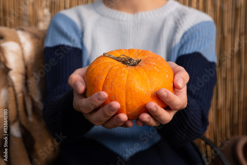 Woman's hand holds pumpkin. Halloween and fall seasonal concept. Selective focus