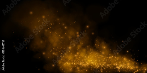 Fantastic smoke background. Magic smoke with glitter and small particles of shimmering stars, fog with glowing particles, golden vapour with stardust. Vector illustration.	
