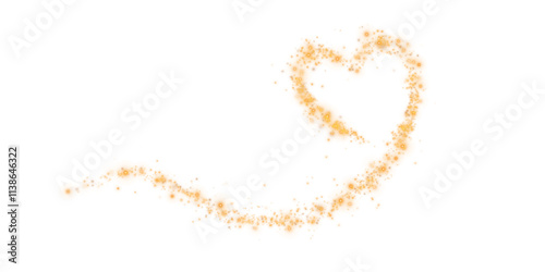 A golden star trail in the shape of a heart. Shimmering dust particles fly and leave behind a heart shaped trail. PNG. Bright particles glow with the special festive light of Christmas.  photo