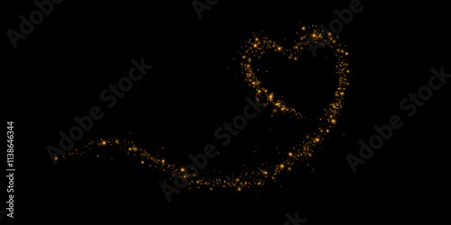 Gold star trail in the shape of a heart. Shimmering dust flying and leaving behind a heart-shaped trail. Bright dust particles glow with the special festive light of Christmas. Christmas card backgrou photo