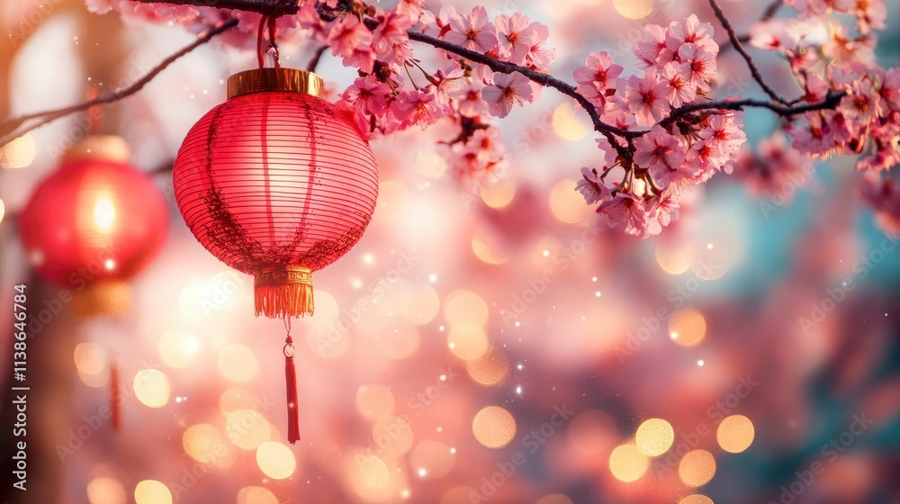 Chinese new year celebration in Asia. Pink, red and golden lantern on Japanese sakura tree for Lunar new year party. Background with glitter and bokeh lights. Cherry tree blossom. Chinese new year celebration in Asia. Pink, red and golden lantern on Japanese sakura tree for Lunar new year party. Background with glitter and bokeh lights. Cherry tree blossom.