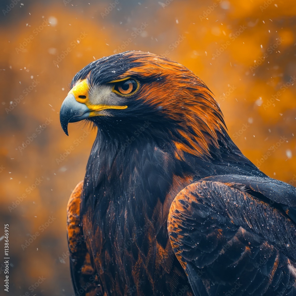 Fototapeta premium A majestic golden eagle perched against a blurred autumn backdrop.
