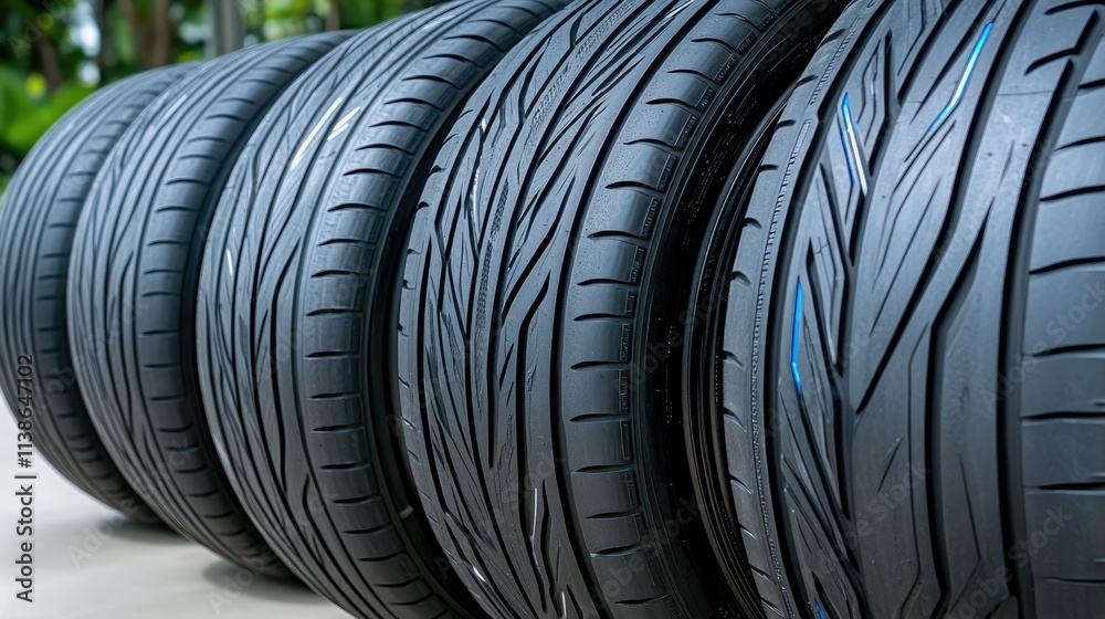 New tires are prominently displayed in a stylish garage, surrounded by high-end tools, creating a premium atmosphere for car enthusiasts New tires are prominently displayed in a stylish garage, surrounded by high-end tools, creating a premium atmosphere for car enthusiasts