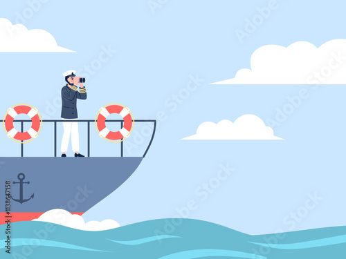 Captain on ship. Cruise yacht, travel ship or tanker in open sea or ocean. Seaman in uniform looking in binocular. Leadership, occupation recent vector scene