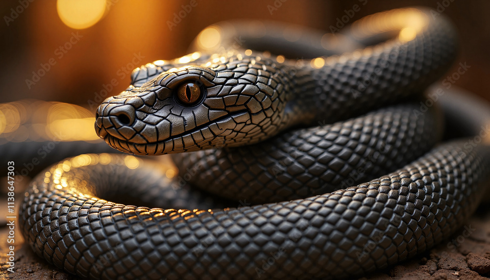 Fototapeta premium Close-Up of a Coiled Black Snake with Detailed Scales in Warm Evening Light