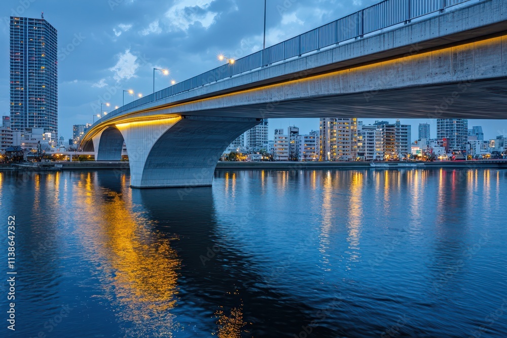 Massive concrete bridge with a modern design, crossing a wide river with city lights reflecting on the water Massive concrete bridge with a modern design, crossing a wide river with city lights reflecting on the water