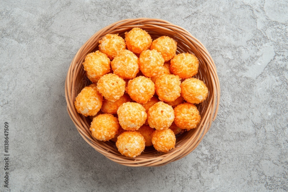 Crunchy chicken popcorn bites in a basket from fastfood. Gray background. Top view Crunchy chicken popcorn bites in a basket from fastfood. Gray background. Top view
