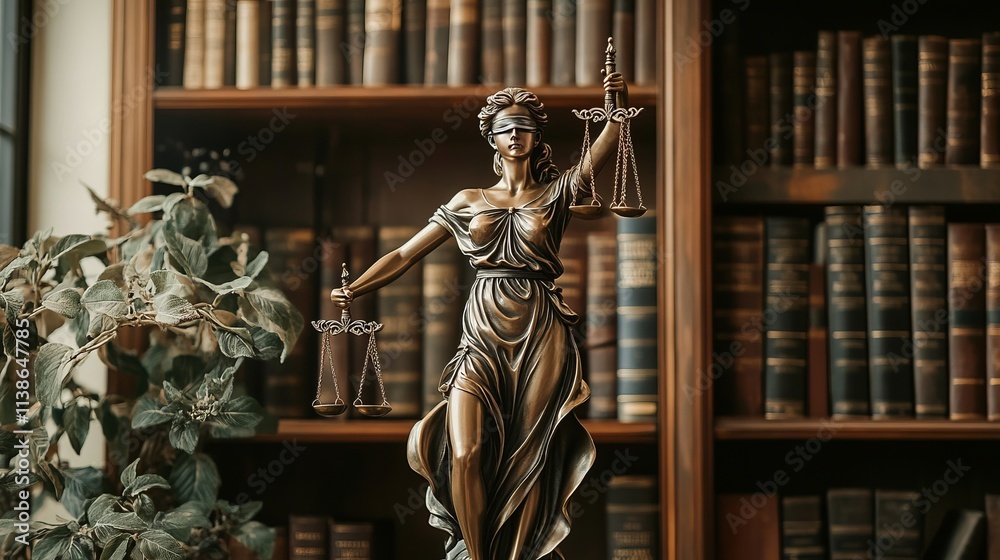 Femida statue on library background. Law and justice concept Femida statue on library background. Law and justice concept