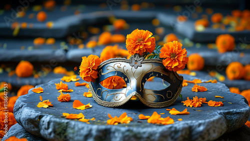 Elegant mask adorned with marigolds photo