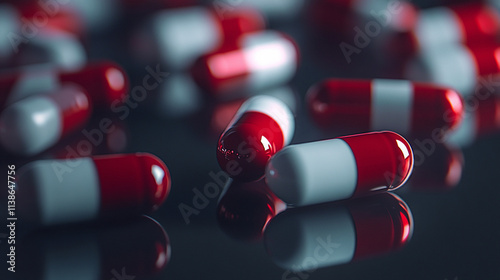 Close up of red and white pills on a black surface. The pills are arranged in a way that they are all facing the same direction. Concept of order and organization photo