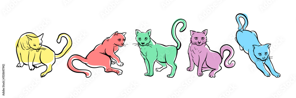 Fototapeta premium Set of cats in different poses. Free hand domestic pet illustration. Kitten stretches and washes.
