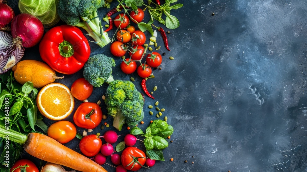Fresh vegetables including tomatoes, peppers, and carrots on a stone background Fresh vegetables including tomatoes, peppers, and carrots on a stone background