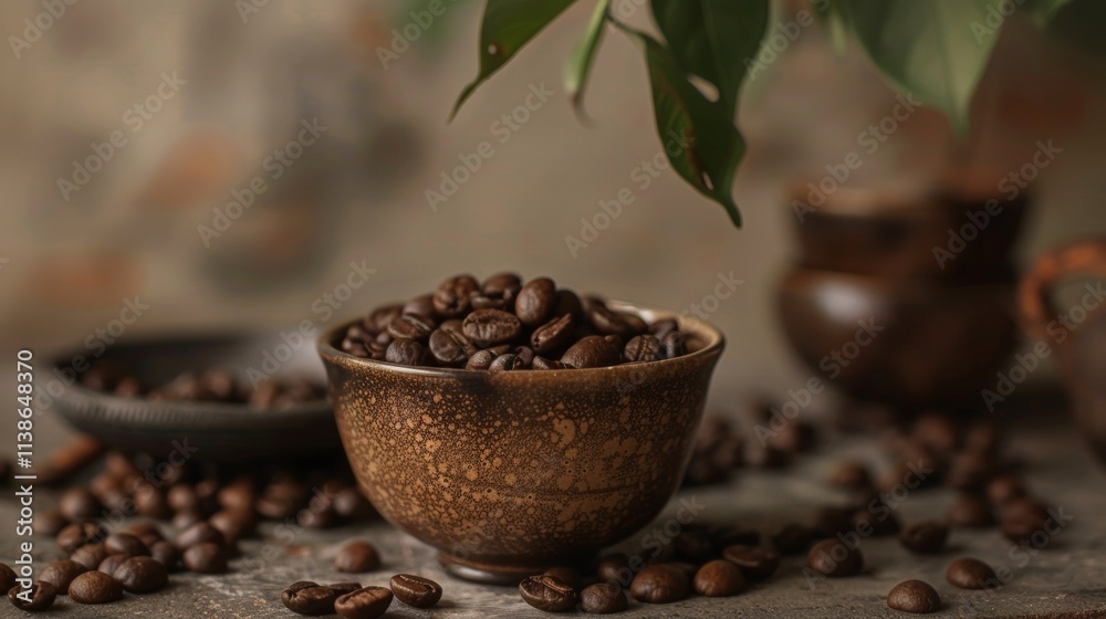 Coffee beans and a cup of coffee on a rustic wooden surface
