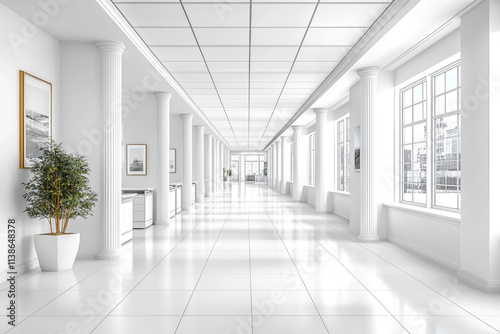 Bright White Modern Office with Sleek Rows of Contemporary Furniture and Clean Design