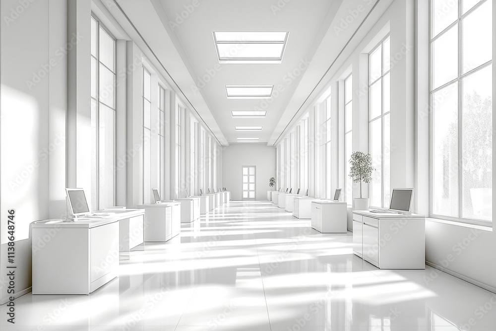 Fototapeta premium Bright White Modern Office with Sleek Rows of Contemporary Furniture and Clean Design