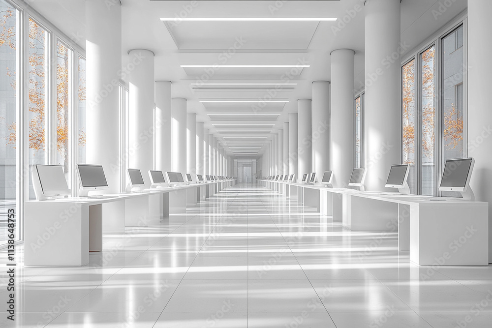 Fototapeta premium Bright White Modern Office with Sleek Rows of Contemporary Furniture and Clean Design