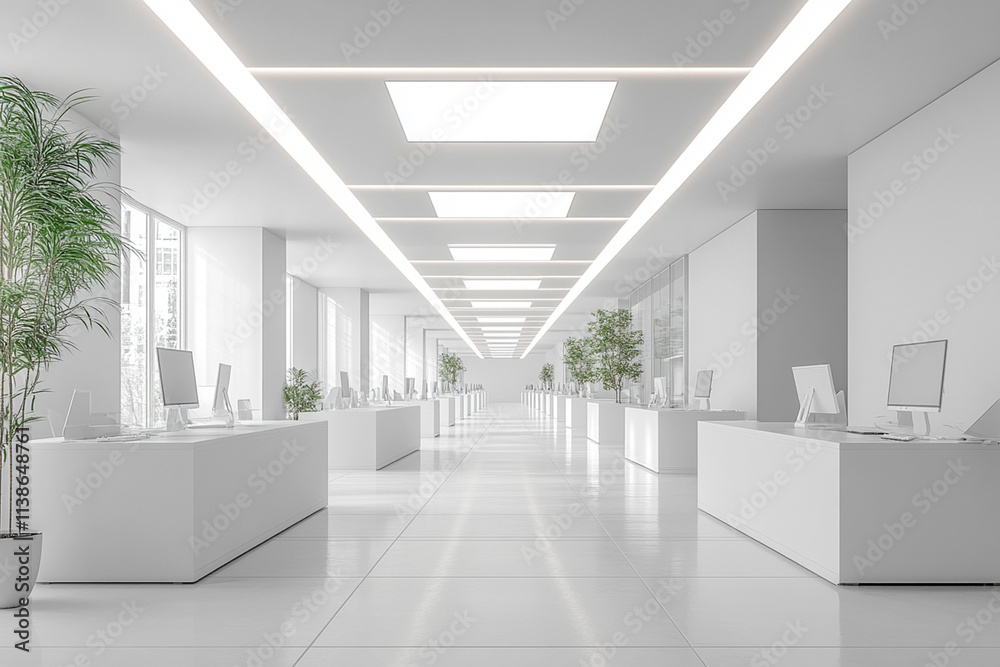 Bright White Modern Office with Sleek Rows of Contemporary Furniture and Clean Design Bright White Modern Office with Sleek Rows of Contemporary Furniture and Clean Design