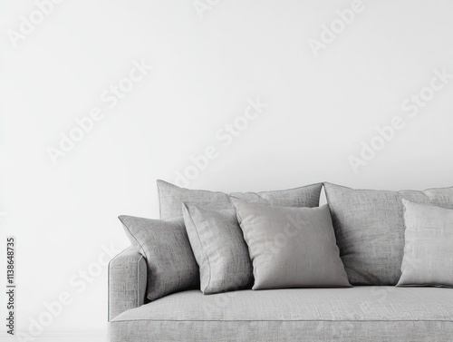 Living room mockup featuring a gray fabric sofa and cushions on a white background, with free space on the right