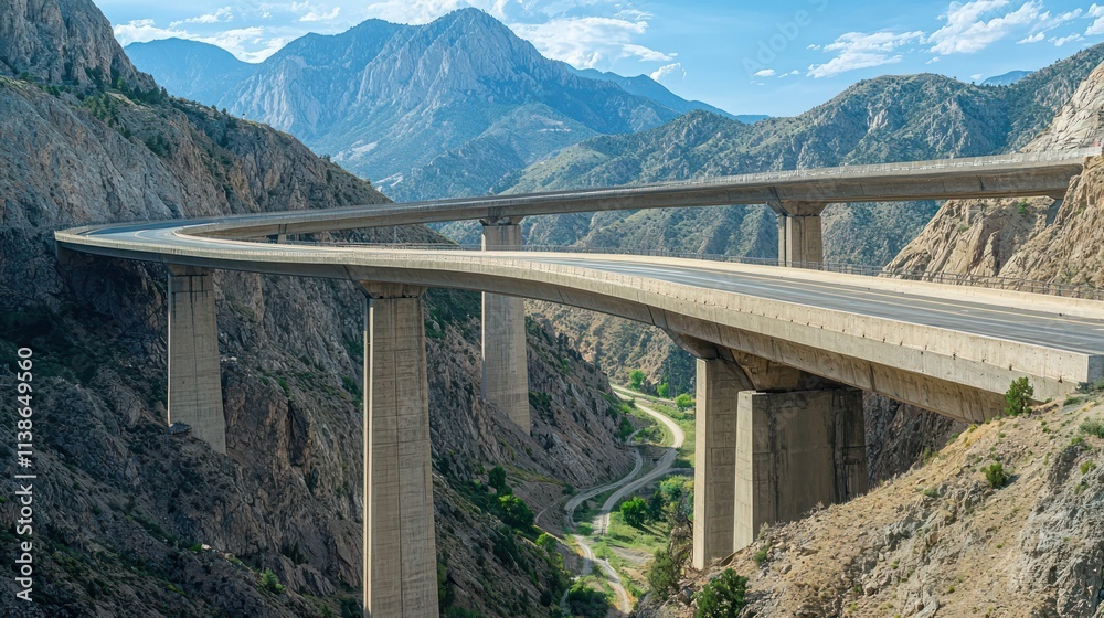 Long, curving concrete bridge crossing a deep gorge, surrounded by towering mountains Long, curving concrete bridge crossing a deep gorge, surrounded by towering mountains