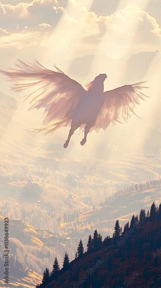 A majestic winged horse soars above a serene landscape, illuminated by sunlight. A majestic winged horse soars above a serene landscape, illuminated by sunlight.