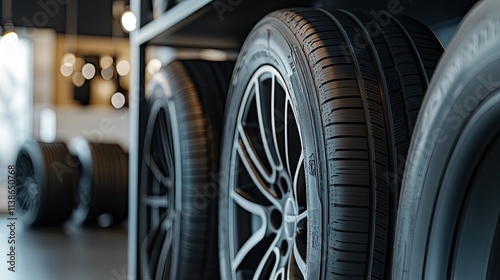 Shelves filled with new tires showcase various tread patterns in a well-lit car workshop, emphasizing a tidy, organized environment