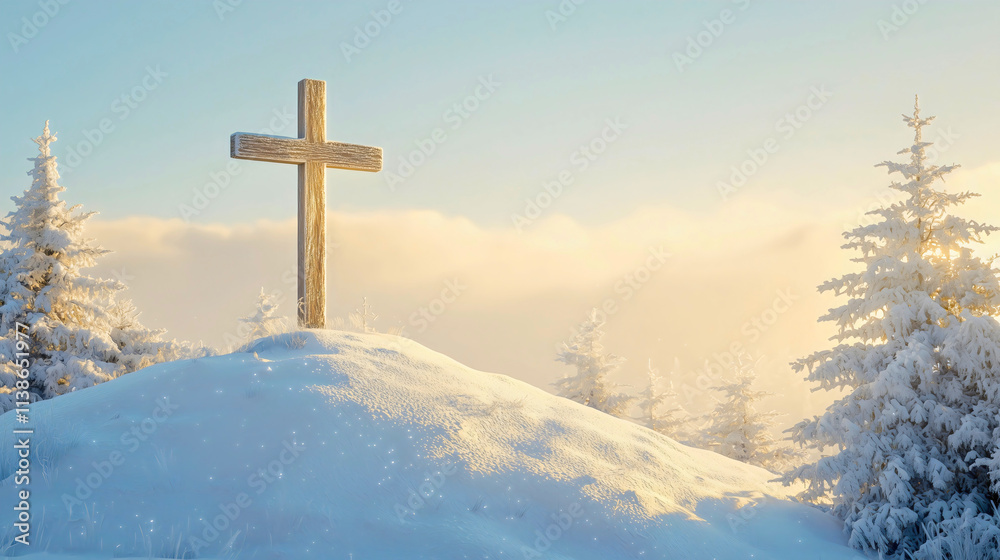 A cross and nature: the cross stands at the top of a hill, surrounded by snow and a snowy forest. The cross beautifully stands as snowflakes cover parts of it. A cross and nature: the cross stands at the top of a hill, surrounded by snow and a snowy forest. The cross beautifully stands as snowflakes cover parts of it.