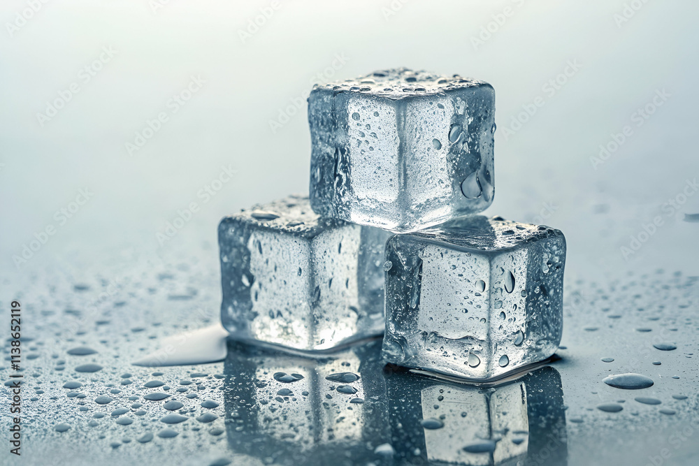 Three ice cubes sit stacked on a reflective surface, surrounded by droplets of water, creating a cool and refreshing visual. Three ice cubes sit stacked on a reflective surface, surrounded by droplets of water, creating a cool and refreshing visual.