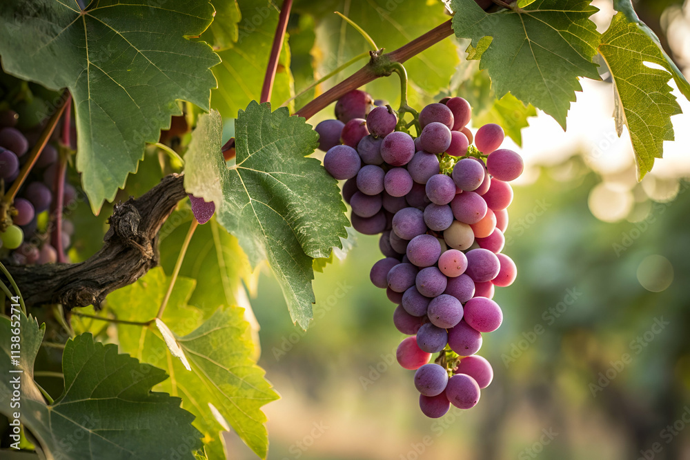 A cluster of ripe purple grapes hanging from a vine, surrounded by lush green leaves, capturing the essence of a vineyard at sunset. A cluster of ripe purple grapes hanging from a vine, surrounded by lush green leaves, capturing the essence of a vineyard at sunset.