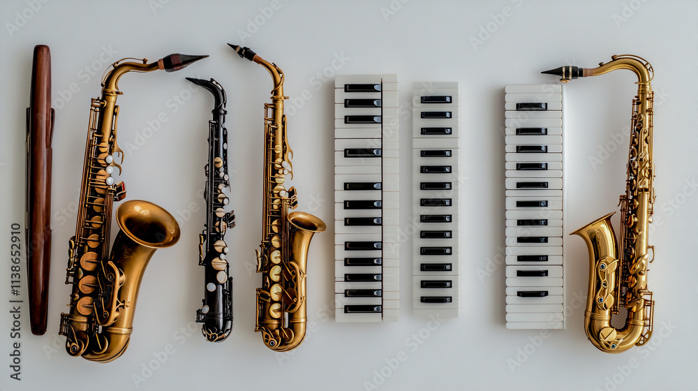 Naklejka premium Photo of Various Musical Instruments Arranged on a White Background, Including Piano Keys and a Saxophone