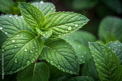 Fresh green mint leaves glisten with droplets of water, showcasing their vibrant color and texture in a natural setting.