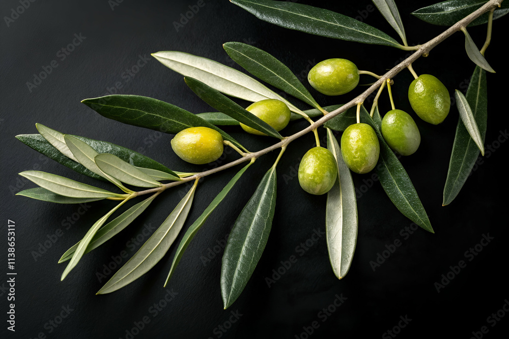 A vibrant olive branch with green olives and silvery leaves against a dark background, showcasing the beauty of nature.
