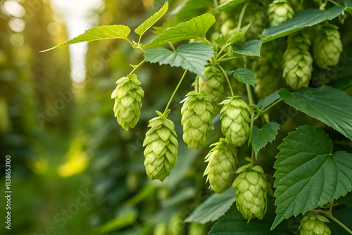 Fresh hop cones hang from lush green vines in a sunlit field, showcasing the beauty of hop cultivation and its importance in brewing.