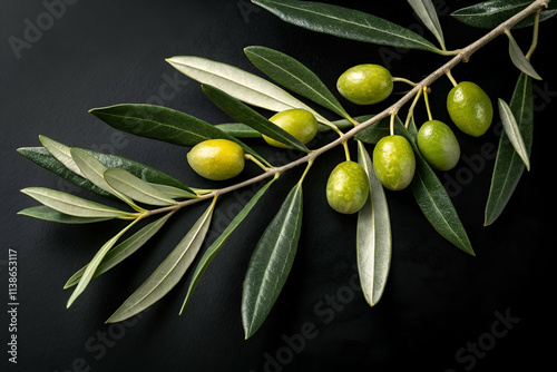Obraz na płótnie A vibrant olive branch with green olives and silvery leaves against a dark background, showcasing the beauty of nature. w salonie