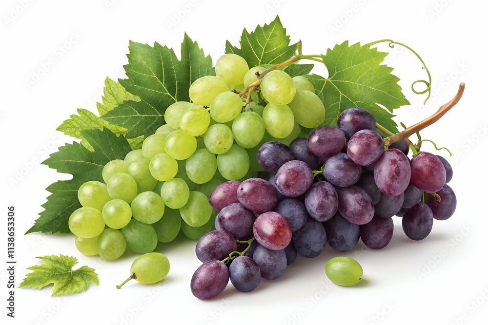 Fresh green and purple grapes arranged with leaves, showcasing their vibrant colors and natural beauty. Fresh green and purple grapes arranged with leaves, showcasing their vibrant colors and natural beauty.
