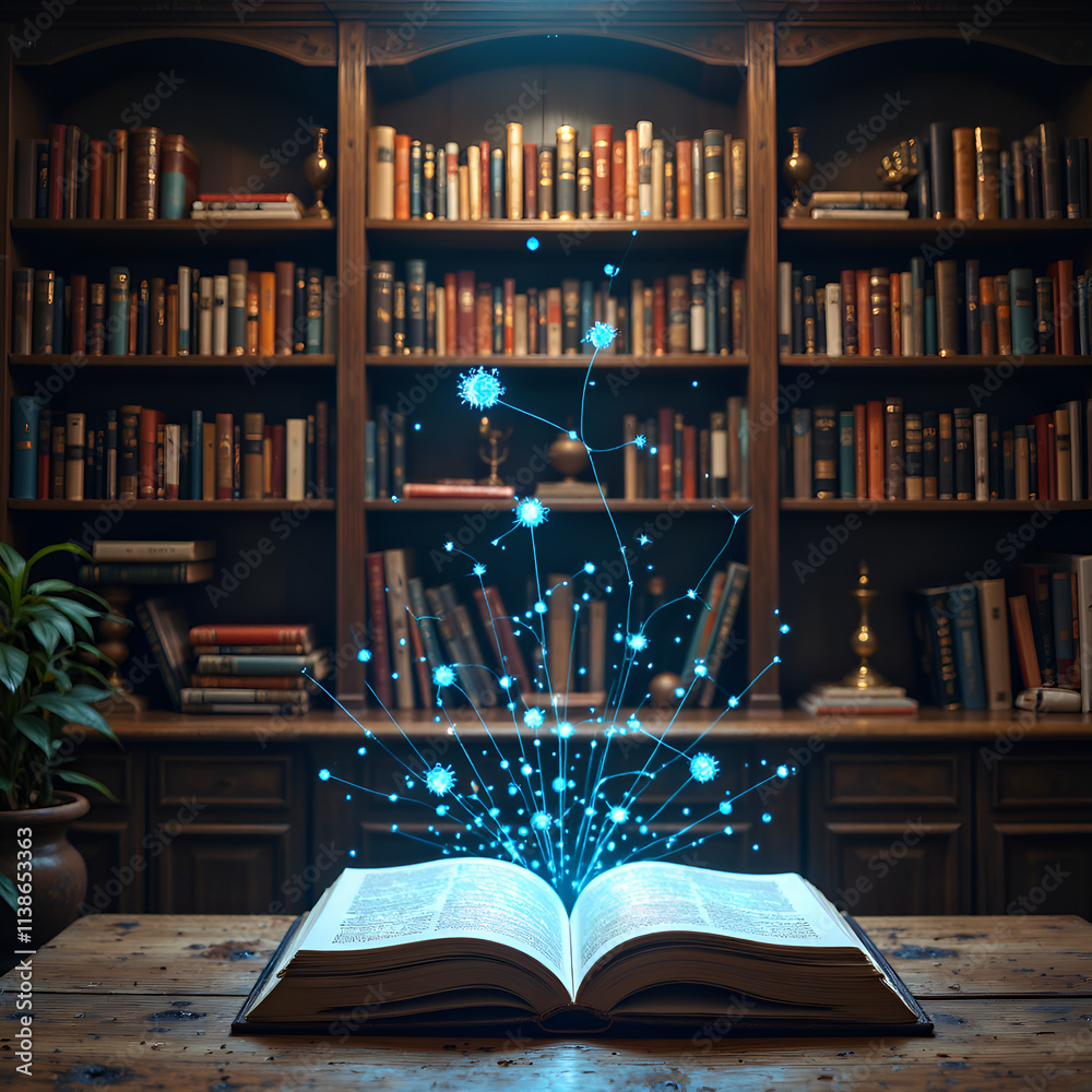 Fototapeta premium A mystical book illuminates with floating particles in a cozy library, digital art of surrealism concept.