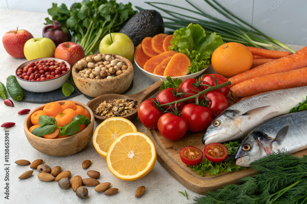 A vibrant assortment of fresh fruits, vegetables, nuts, and fish arranged beautifully, promoting a healthy and nutritious lifestyle. A vibrant assortment of fresh fruits, vegetables, nuts, and fish arranged beautifully, promoting a healthy and nutritious lifestyle.