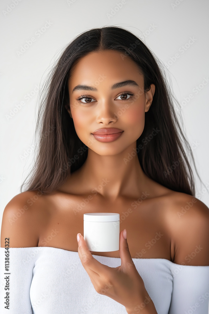 Beautiful young african american woman with cosmetic cream in jar Beautiful young african american woman with cosmetic cream in jar