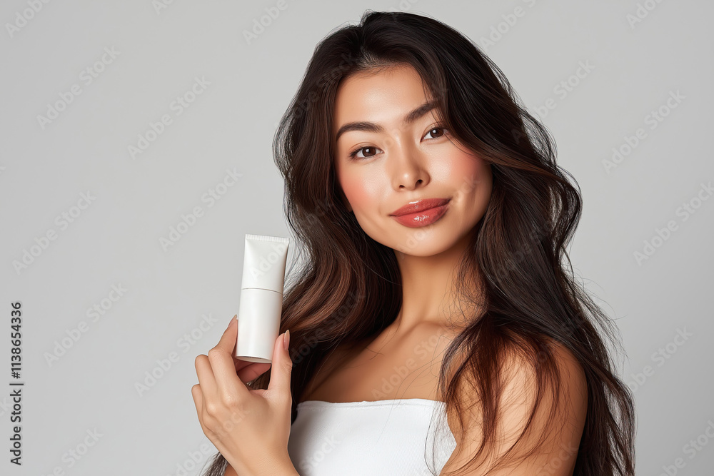 Beautiful young asian woman with skin care product on grey background Beautiful young asian woman with skin care product on grey background