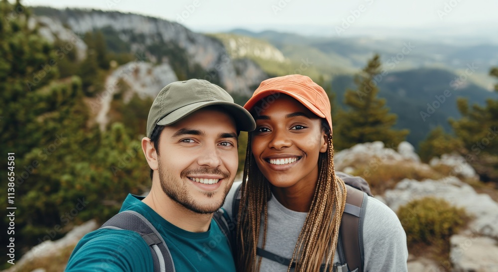 Multicultural young couple hiking in scenic mountain landscape for adventure travel Multicultural young couple hiking in scenic mountain landscape for adventure travel